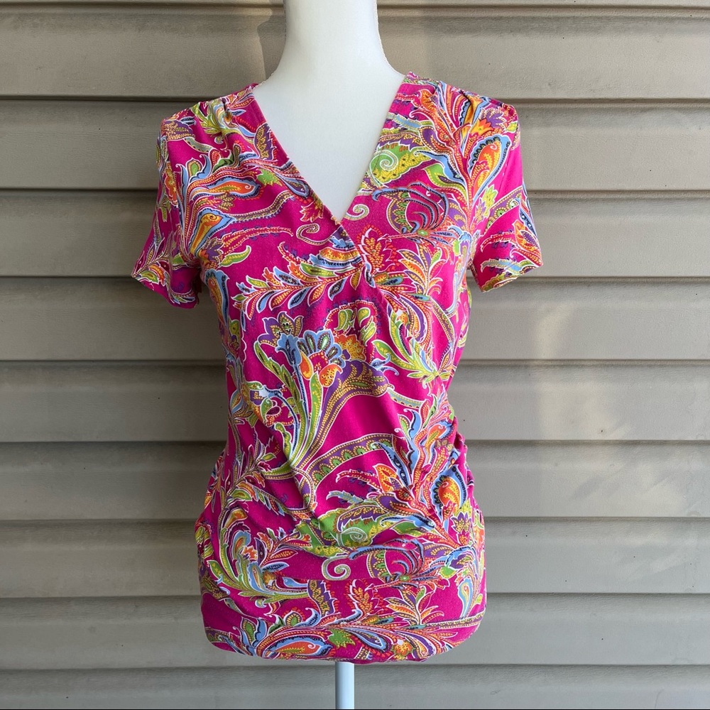 •Lauren Ralph Lauren• Colorful Paisley Surplice Short Sleeve Top - Size Medium